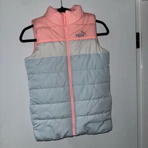 Puma Puffer Vest Girls Size 10/12 kids pink , blue Black Side Pockets Full Zip
